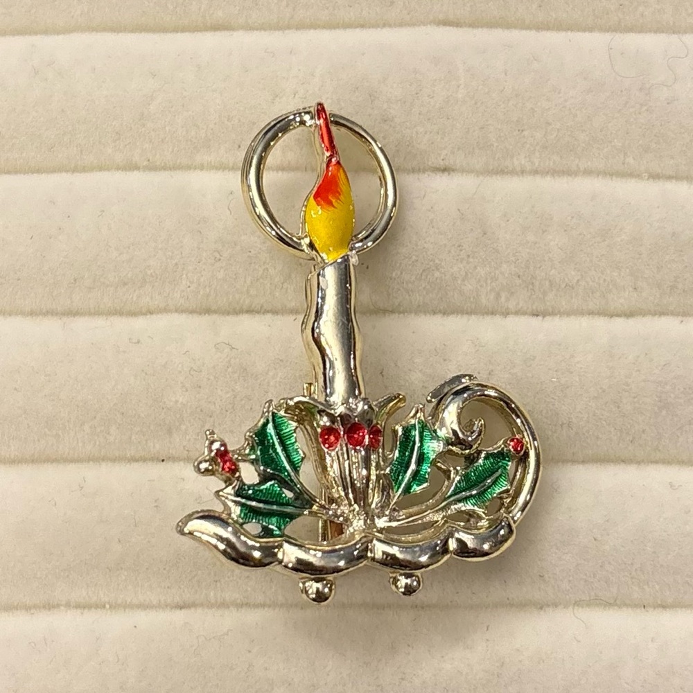Vintage BJ SIGNED Pin Brooch Christmas Candle‎ Flame Gold Tone Holiday Jewelry